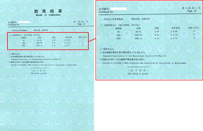 電子天平校準(zhǔn)證書結(jié)果頁(yè)圖片