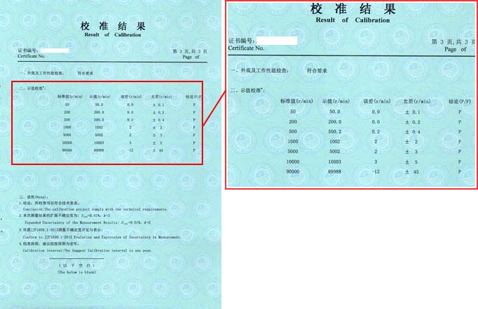 數(shù)字轉(zhuǎn)速表校準(zhǔn)證書結(jié)果頁圖片